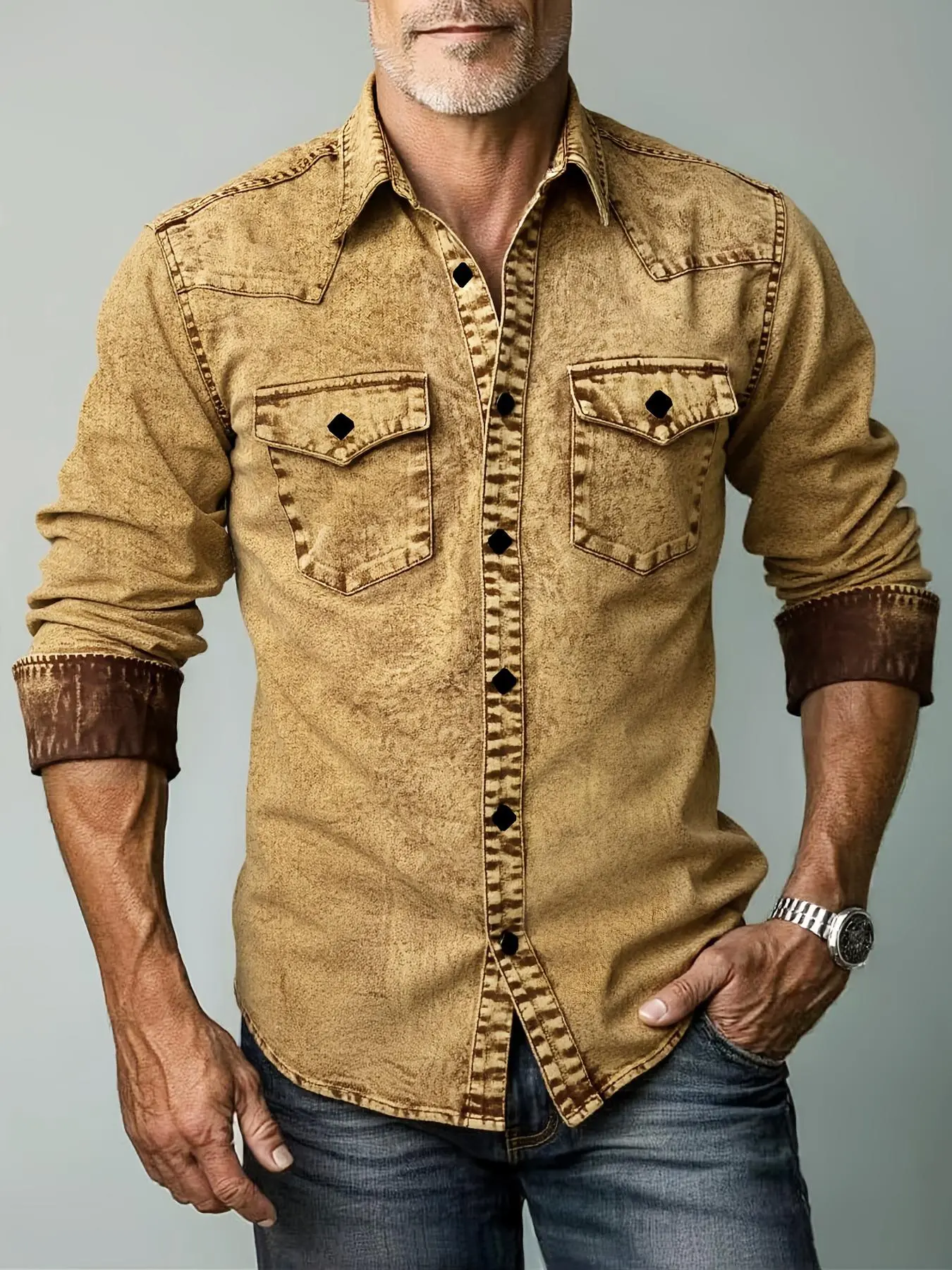 Men’s long-sleeve denim shirt, vintage distressed style, double chest pockets, turn-down collar, casual shirt with washed finish—an autumn wardrobe essential
