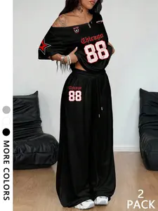 Women's Casual Vintage Sport Style Digital Print Asymmetrical Shoulder Short Sleeve Fitted T-Shirt and Sweatpants Set, Fall Winter Wear Womenswear