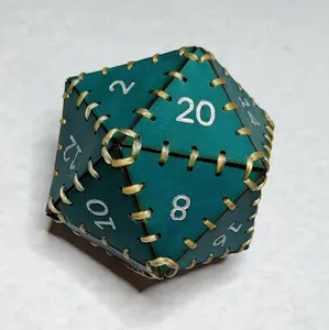 Leather D20 - Green & Gold Handmade Veg-Tan Dice with Hand Painted Details and Hand Stitched Sinew 3in Diameter