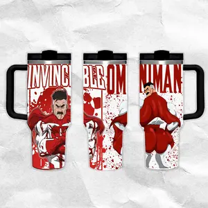 Omni Man - Invincible Pattern 40oz Handle Tumbler – Retro Fantasy Stainless Steel Travel Mug, Hawkins Inspired Horror Cup, Double Wall Thermal Drinkware, Large Iced Coffee Tumbler, Gift for TV Show & Dungeon Game Fans