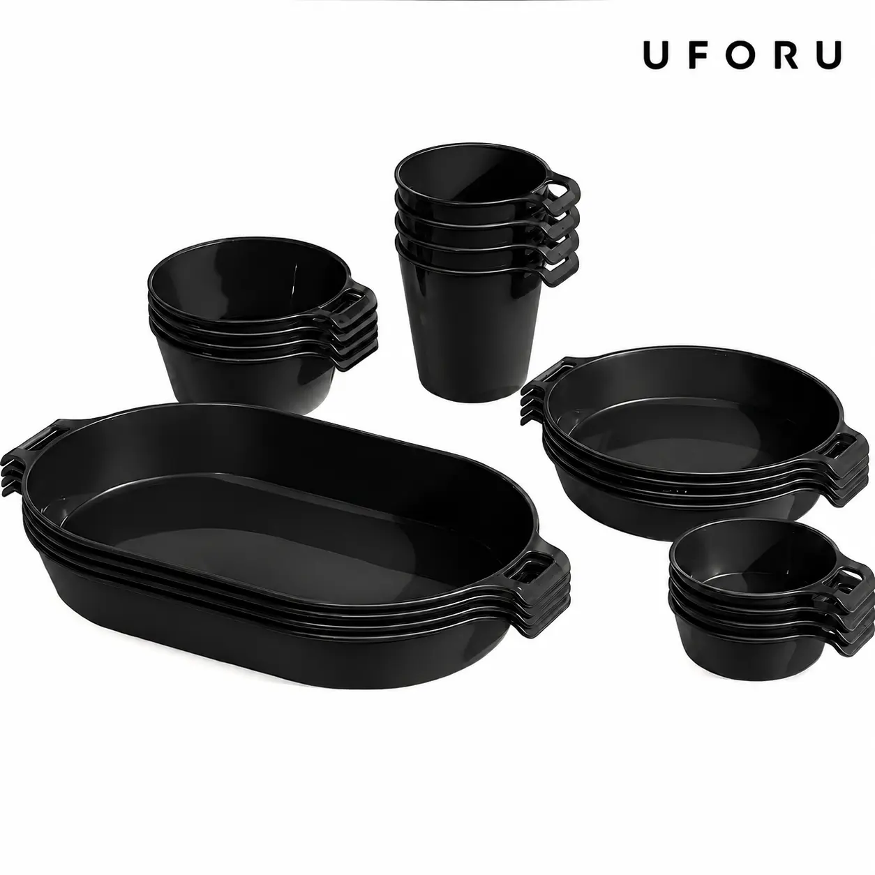 UFORU 21-Piece Black Camping Dinnerware Set for 4, Reusable Outdoor Picnic Tableware with Plates, Bowls, Cups, Sauce Dishes & Mesh Carry Bag, Stackable, Microwave-Safe for Short Reheating