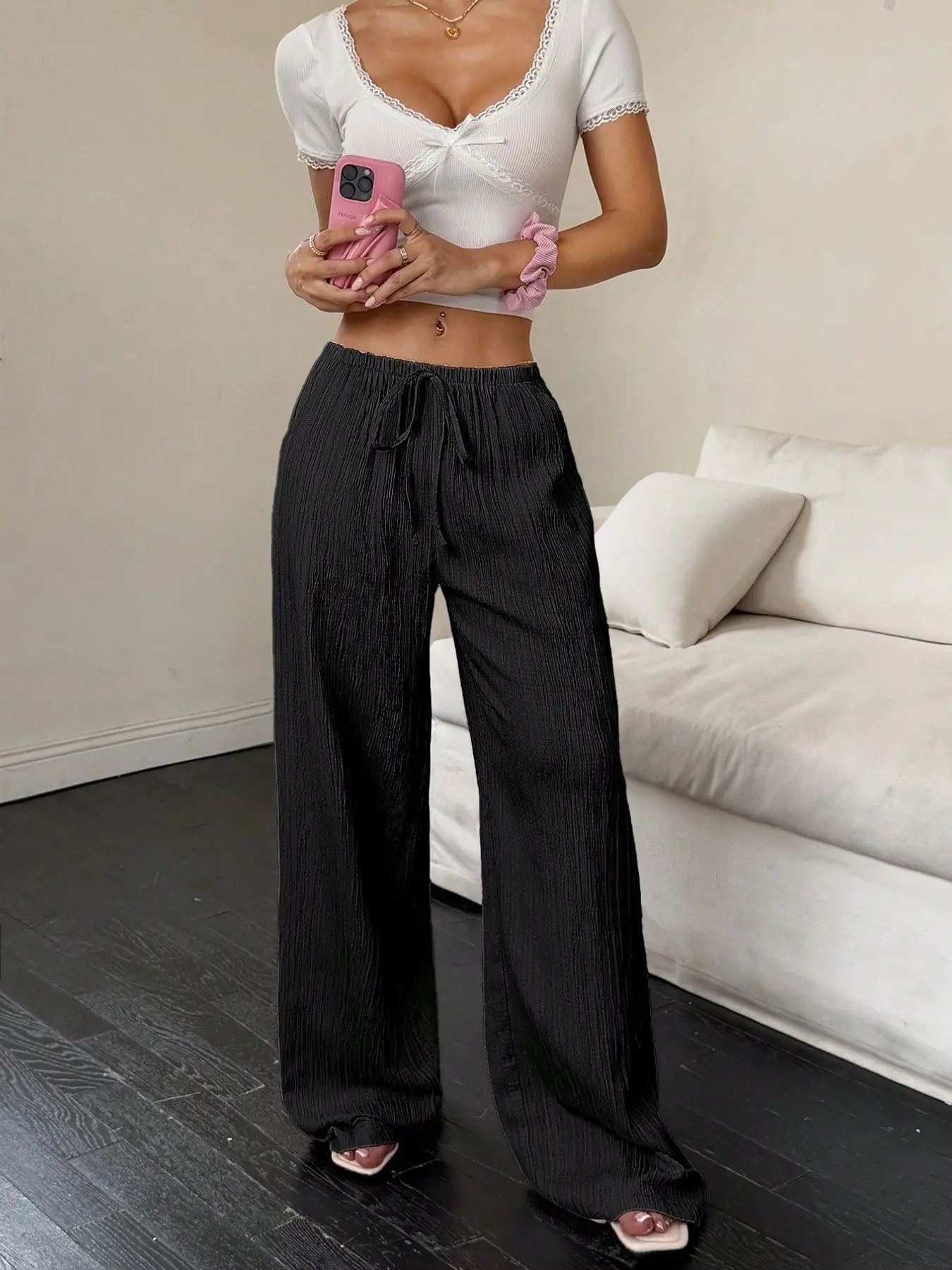 Women's Linen Lightweight Transparent Long Pants, Casual Loose-Fit, Baggy, Breathable Comfort, Summer Elastic Waist
