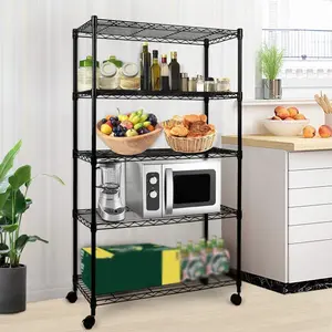 5-Tier Black Wire Utility Storage Rack, 30" D x 14" W x 63" H, 1250 lb Load Capacity Home Organizer
