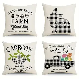 4PC, 2D flat printing, single-sided printing, multiple sizes. Easter Themed Linen Pillow Covers with Farm Motifs Made of polyester fiber, machine washable. Suitable for indoor and outdoor decoration (pillow insert not included, not embroidered).