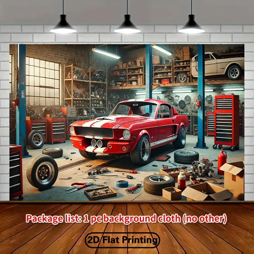 1pc 2D Flat Vintage Garage Workshop Party Banner - Durable Polyester Automotive Theme Backdrop with Classic Car & Tools Design, Automotive Graphic Throw for Outdoor Party Decor, Studio Photography
