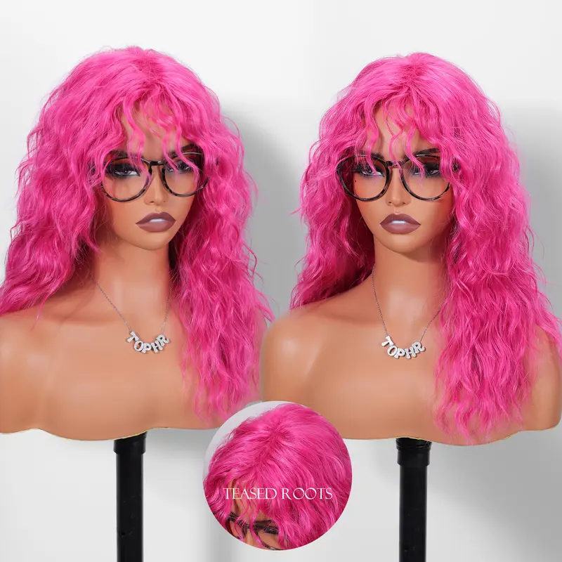 18" Raspberry Red Layered Water Wave Fiber Synthetic Curly Wavy Wig with Bangs, Lightweight Glueless Synthetic Curly Wig, Teased Roots, Heat Resistant, Ideal for Daily Wear & Cosplay