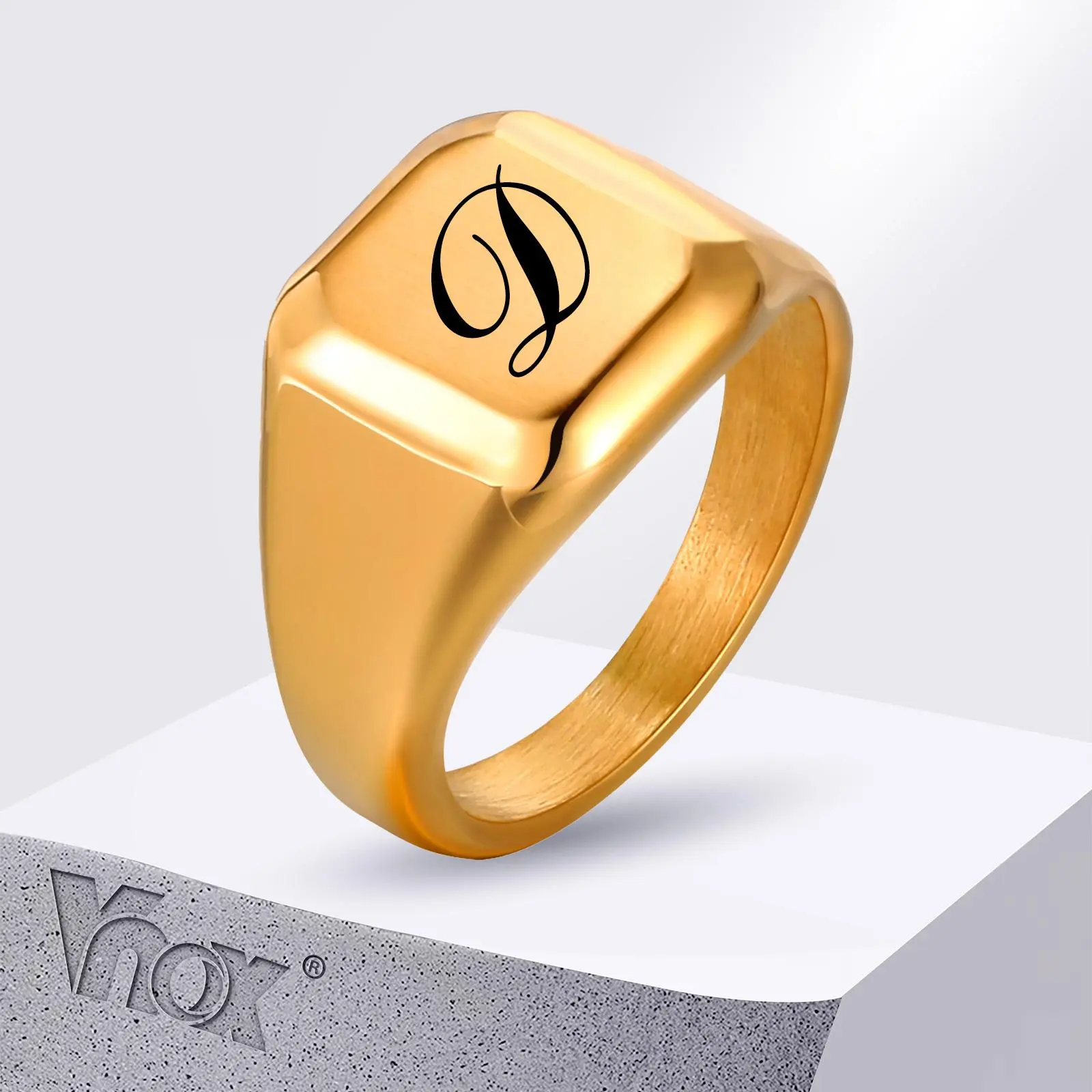 Vnox Personalized Square Top Signet Ring for Men Women, Custom Name Ring, Bold Chunky Cool Unisex Finger Band,Matte Ring Gift