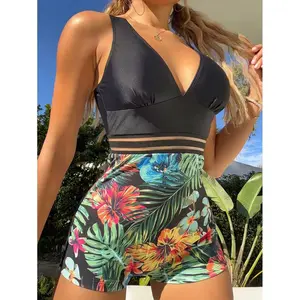 Women's Tankini one-piece swimsuit anti roll Tankini top with hem and belly design, suitable for water parks, parties, beaches, swimming, and summer essentials