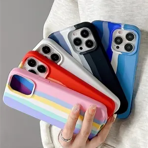 Cute Rainbow Stripe Silicone Soft Case for iPhone 15 14 13 12 11 Pro Max Plus Case Fall Protection Cover  for APPLE Bumper Screen Protector Cellphone Protective Smartphone Casing Shockproof Black Color