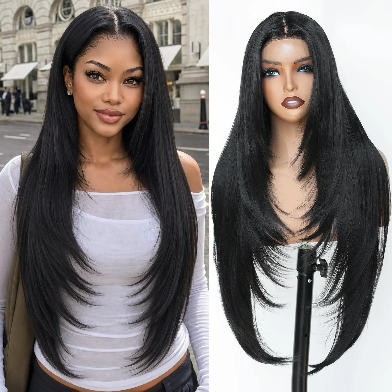 UGORGEOUS 28Inch Long Laryerd Straight 13x4 T Part Lace Front Wig Freaming Face Pre Plucked with Natural Hairline Heat Resistant Beginners Friendly Glueless Wig for Daily & Party Use