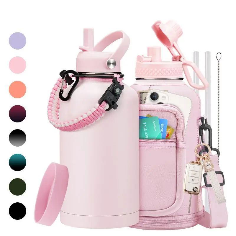 64oz Insulated Water Bottle, Gallon Stainless Steel Flask Water Bottle - Big Water Jug with Straw & Spout Lid, Paracord Handle, Carrier Bag, 32/40/64/128oz, Pink