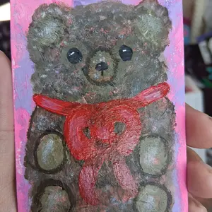 ACEO Original Art Acrylic Painting Cute Brown Teddy Bear with Red Ribbon