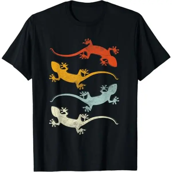 Four Colorful Gecko Lizard Reptile Wildlife Graphic T-Shirt Desert Animal Lover Black Crewneck Top Tshirt Menswear