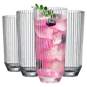 Khen Plastic Acrylic Ribbed Drinking Glasses – Set of 4 Clear 11.8oz Tritan Tumblers, European Style Shatterproof Drinkware – Durable, BPA-Free, Dishwasher Safe, Stackable & Unbreakable Plastic Cups