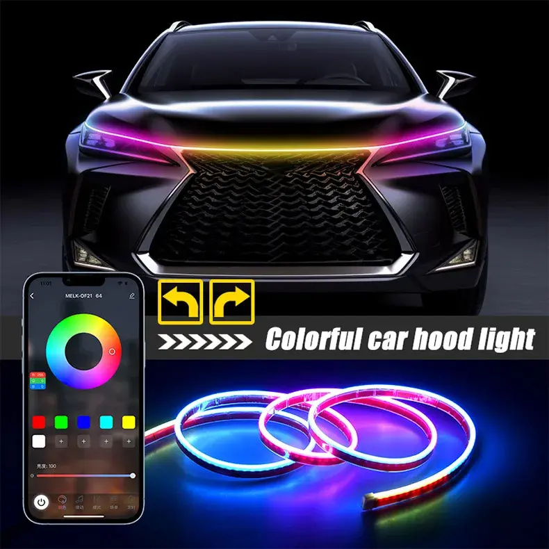 RGB Hood Light Daytime Running Lights Automotive Supplies RF/APP Control Multi-function Led neon Strip Running Lights For 12V Car