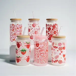 Valentine's Day 16oz Glass Cup with Lid and Plastic and Glass Straws
