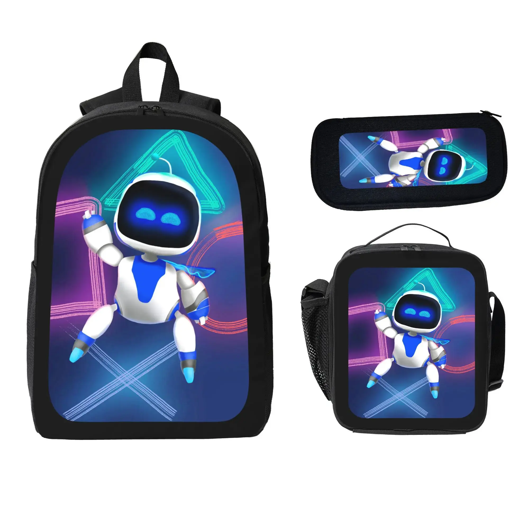 Unisex 3-Piece Large Capacity Astro Bot3 Backpack Set - Anime Print, Adjustable Shoulder Straps, Daily Use Casual Bag with Lunch Bag & Pencil Case, Ideal Student Gift
