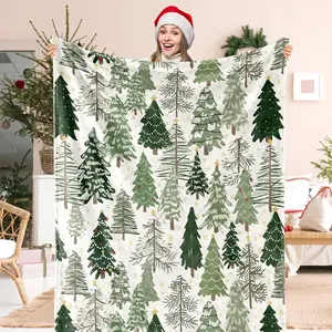 Christmas Tree Plush Blanket Watercolor Green Forest Soft Blanket Perfect for Winter Home Chairs, Sofas, and Beds