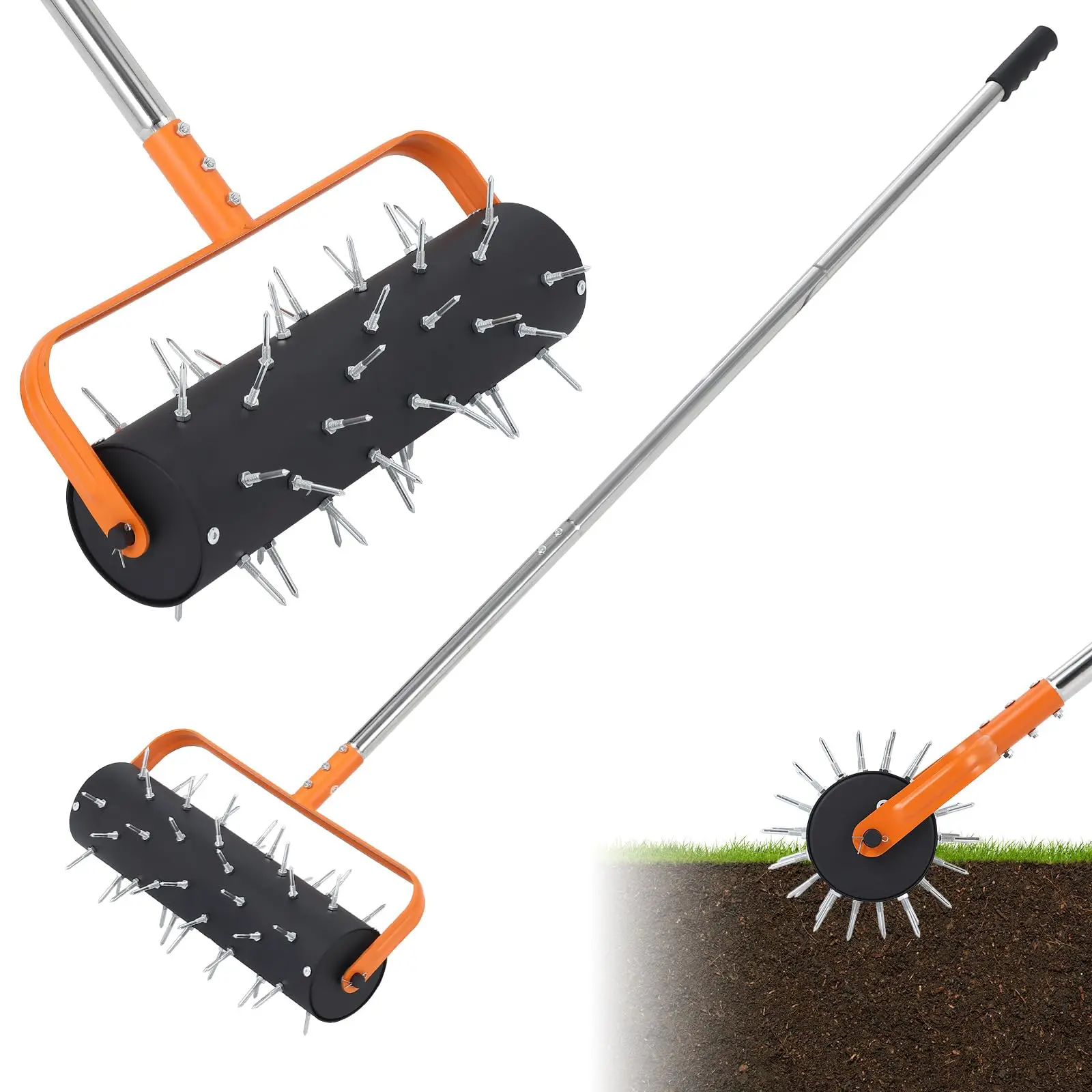 Garvee Upgraded 18'' Rolling Lawn Aerator, Heavy Duty Manual Aerator Tool with 52 Spikes, Lawn Spike Aerator Roller with 67'' Adjustable Handle, Soil Penetrator Push Lawn Aeration for Garden Yard Patio