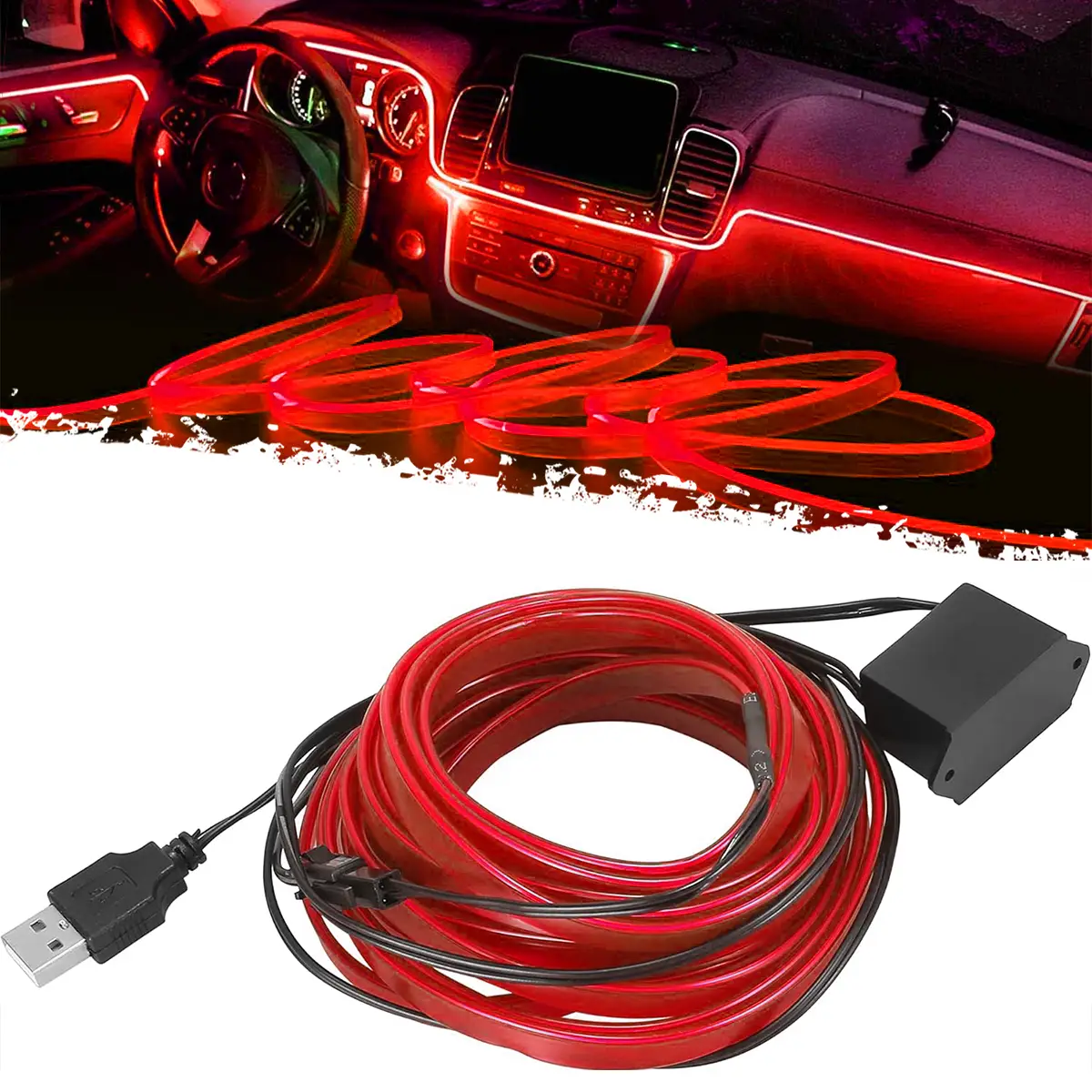 DIBMS EL Wire Interior Car LED Strip Lights, USB Neon Glowing Strobing Electroluminescent Wire Lights with 6mm Sewing Edge, Ambient Lighting Kits for