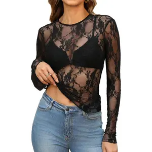 Womens Mesh Tops Lace Long Sleeve Shirts Crewneck Slim Fitted Outfits See Through Blouses