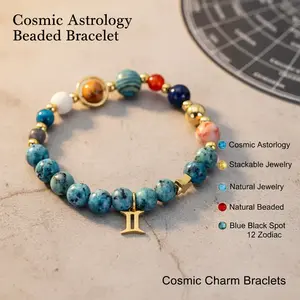 Trendy 8 Planets 12 Zodiac Stone Bracelet| Blue Black Spot Natural Beaded Bangle| Cosmic Astrology Stackable Jewelry