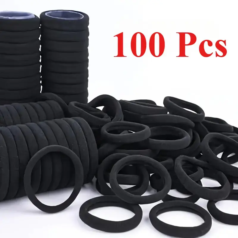 100 Pack Black Seamless Hair Ties, Thick No Crease Soft Fabric Hair Elastics, High Stretch Non Slip Ponytail Holders for Thick Thin Hair, Damage Free Hair Bands for Women Girls Daily Use