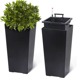 Gaomon 22.5-Inch Tall Rectangular Form Planters Set of 2, Large Modern Plant Pots with Drainage Holes, Water Monitor, Included Tray, All-Season Indoor-Outdoor Use for Patio, Black Garden Planters