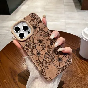 Minimalist Floral Luxury Matte Lambskin Faux Leather Pattern Phone Case Soft Case for IPhone 16 15 14 Pro Max 13 12 11 XR XS Plus Shockproof Drop Protection Rugged Durable Silicone Cover