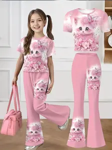 Girls' Cat Print Short Sleeve Top and Bell Bottom Pants Set, Sweet Dreamy Style, Breathable Skin-Friendly, Casual Fashion Set