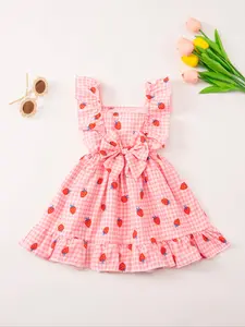 1pcs Girls Summer Sleeveless Plaid Fruit Print Dress, Strawberry Print Dress, Cute Bow Princess Dress, Sweet and Adorable, Summer Printed Dress, Fashionable Girls' Clothing