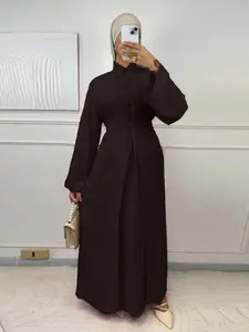 Women's Ramadan Muslim Abaya Solid Color Elegant Cardigan + Long Sleeve Dress Set, Casual Slim-Fitting Two-Piece, No Hijab Included