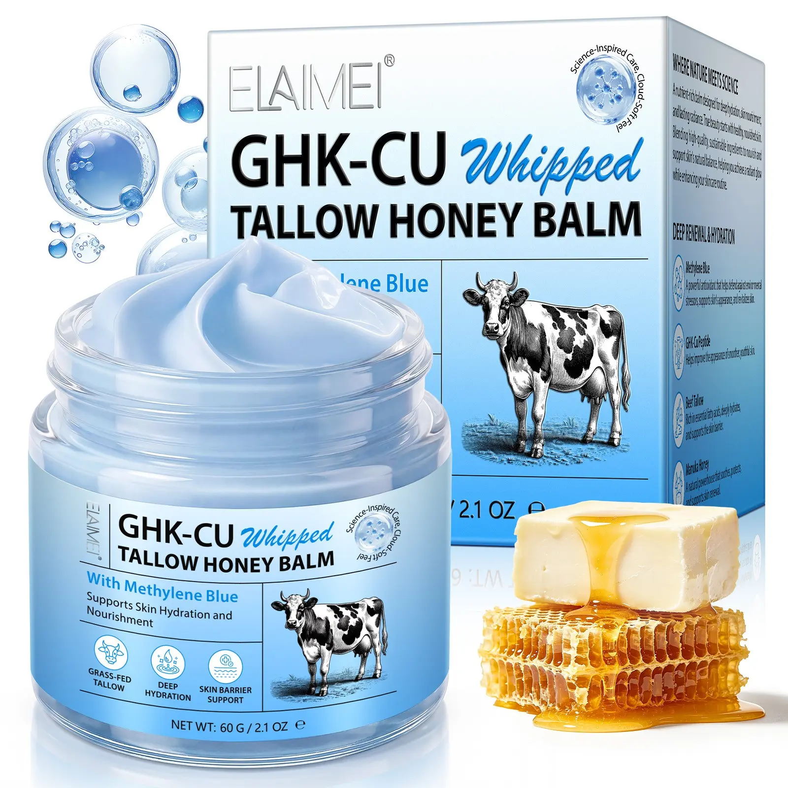 Elaimei Copper Peptide Butter Cream 60g, Moisturize Dry Skin, Moisturizing Dry Skin Care, Dry Skin Relief Repair, Rich in Grass-Fed Beef Fat, Cold Pressed Hemp Seed Oil, Honey, Face Cream