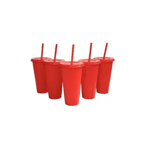 5pcs 710ml/24oz Reusable Plastic Water Bottles With Straws, Large Capacity Cups For Coffee, Tea, Smoothies, Beverages, Suitable For Home, Party, Holiday, Birthday, Wedding, Valentine's Day, Pink Drinkware Tumbler