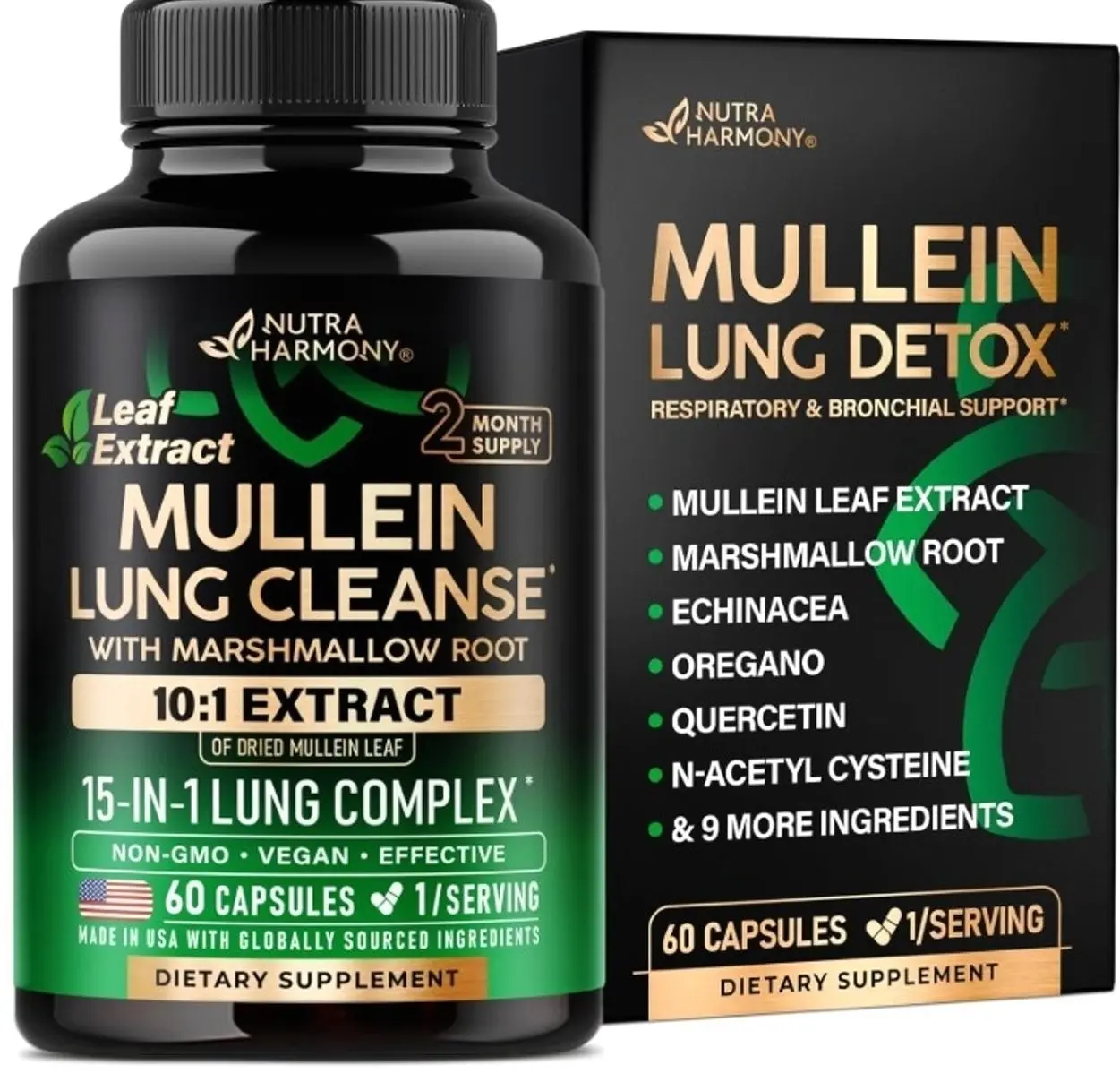 Mullein Lung Detox - Mullein Leaf 10:1 Extract - Marshmallow Root | Echinacea | Oregano | Quercetin | NAC - 15-in-1 Lung Support & Cleanse for Smokers Supplement - Made in USA - As Drops - 60 Capsules