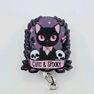 Cute & Spooky Black Cat Acrylic Retractable Badge ID Reel Belt or Alligator Clip reels glitter
