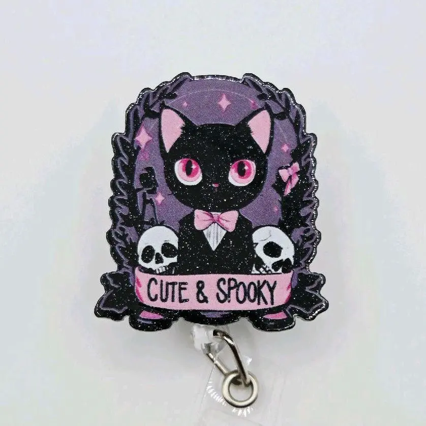 Cute & Spooky Black Cat Acrylic Retractable Badge ID Reel Belt or Alligator Clip reels glitter