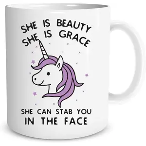 She is Beauty She is Grace, She Can Stab You in The Face - Funny Saying Unicorn Gift Coffee Mug