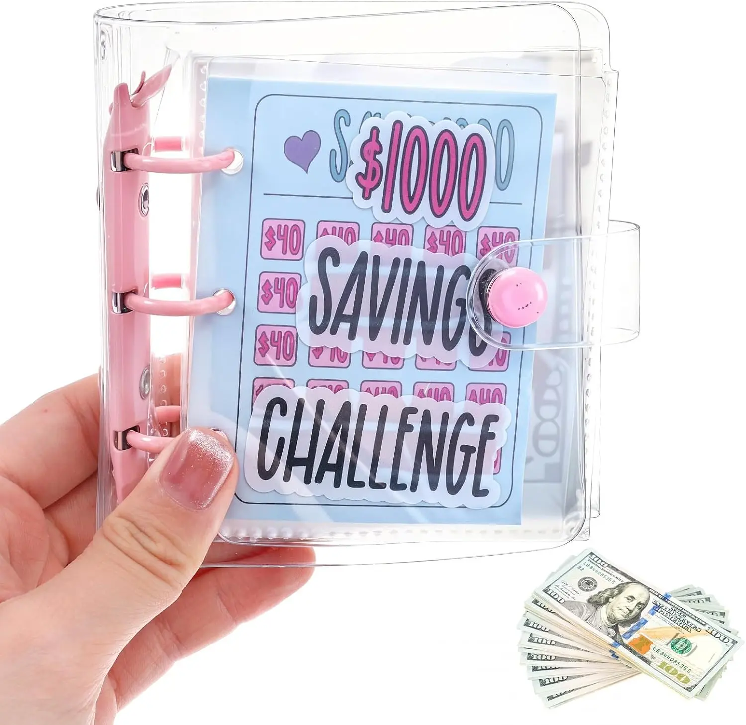 Mini Money Saving Binder with PVC Cover - 25 Pockets, Envelope Tabs, Budget Tracker, $1000 Saving Challenge Notebook Planner Calendar, Portable Loose Leaf Book for Families, Office Accounting Supplies