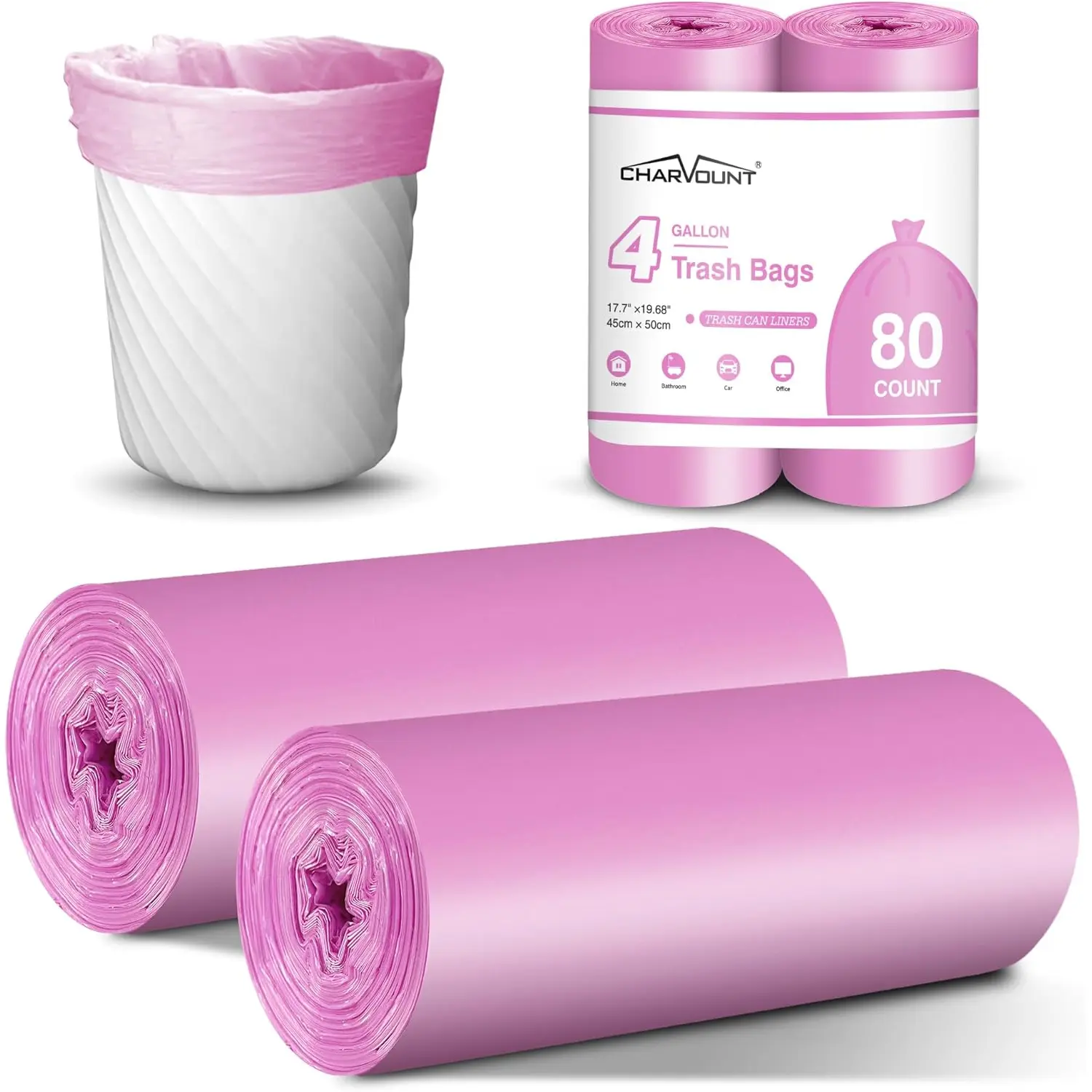 Charmount Small Trash Bags Bathroom, 4 Gallon Garbage Bags for Kitchen Bedroom, Unscented, 80 Count, Hot Pink