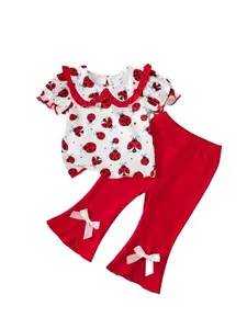 Ready Stock 6m-3y Baby Girls Outfits Ladybug Print Doll Collar Top & Flared Pants Set Red 22503040