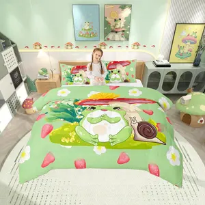 Feelyou Cartoon Frogs Blanket Set - Breathable Polyester All-Season Bedding Set with Breathable Soft, Colorful Fuzzy, Food Themed Design, Pink Strawberry & Red Mushroom Decor for Kids (Multi-Size)