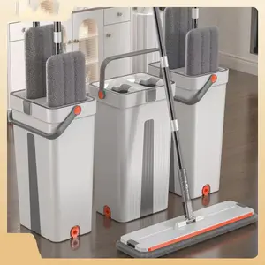 Hands-Free Mop Set with Self-Cleaning System, Dry & Wet Mops, Integrated Storage Bucket, Ideal for Home Kitchen Bathroom Cleaning
