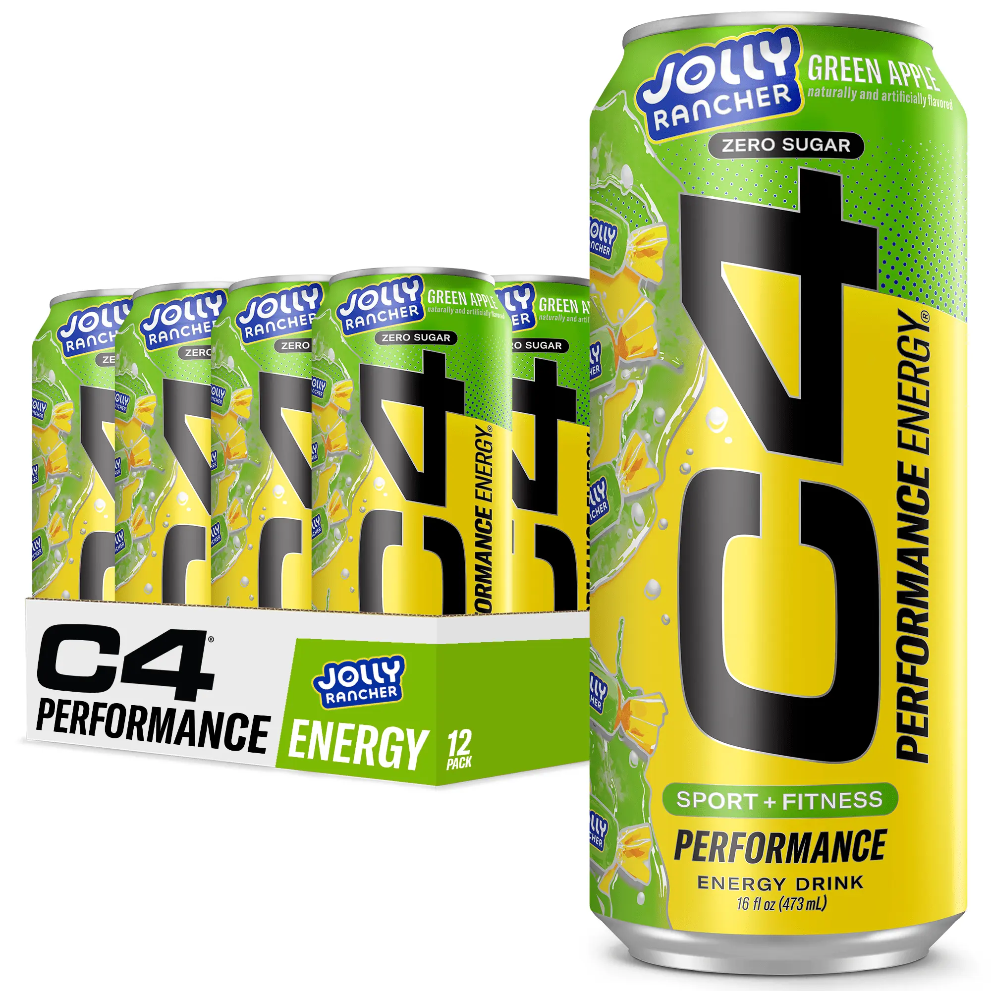 C4 Performance Energy Drink, Jolly Rancher Green Apple Flavor, Zero Sugar, Carbonated, 16 fl oz Can (12 Pack)
