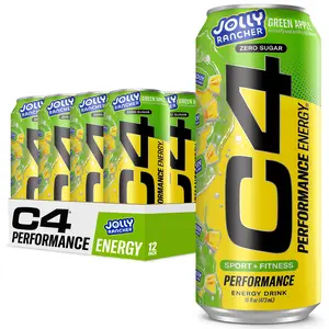 C4 Performance Energy Drink, Jolly Rancher Green Apple Flavor, Zero Sugar, Carbonated, 16 fl oz Can (12 Pack)