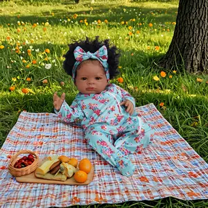 20-Inch Lifelike African American Baby Girl Doll - Soft Cloth Body, Hand-Rooted Curly Hair, Dark Light Beige, Blue Floral Onesie with Headband - Perfect for Birthdays, Christmas Gifts, and Playtime Companion, Collectible Doll| Detailed Facial Features, Ba