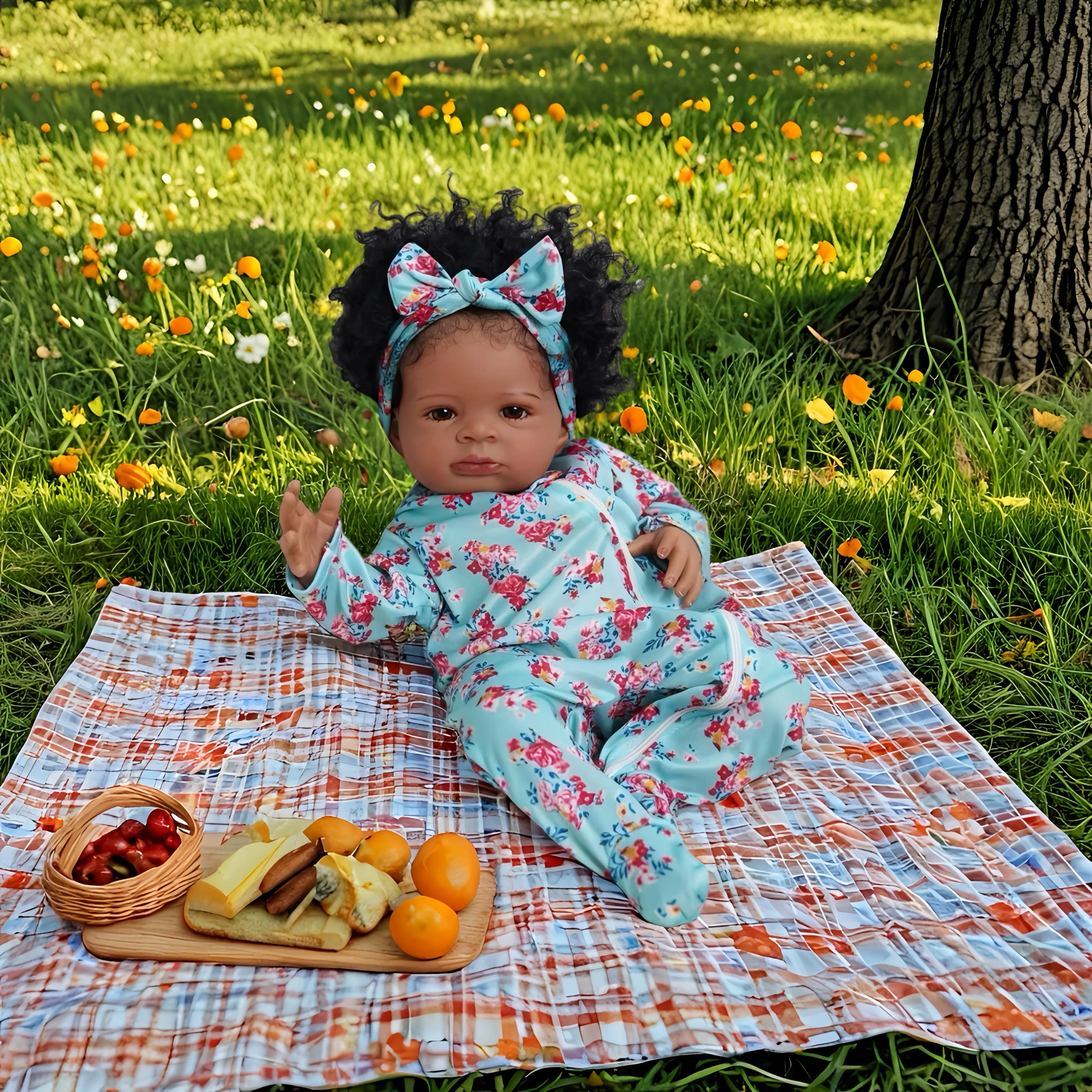 20-Inch Reborn African American Baby Girl Doll - 3 Months Age, Cloth/Vinyl Body, Handmade Craft, Lifelike Face, Hand-Rooted Curly Hair, Dark Light Beige Skin, Blue Floral Outfit & Headband, 49cm Head-To-Toe, Collectible Playtime Toy Gift for Birthdays