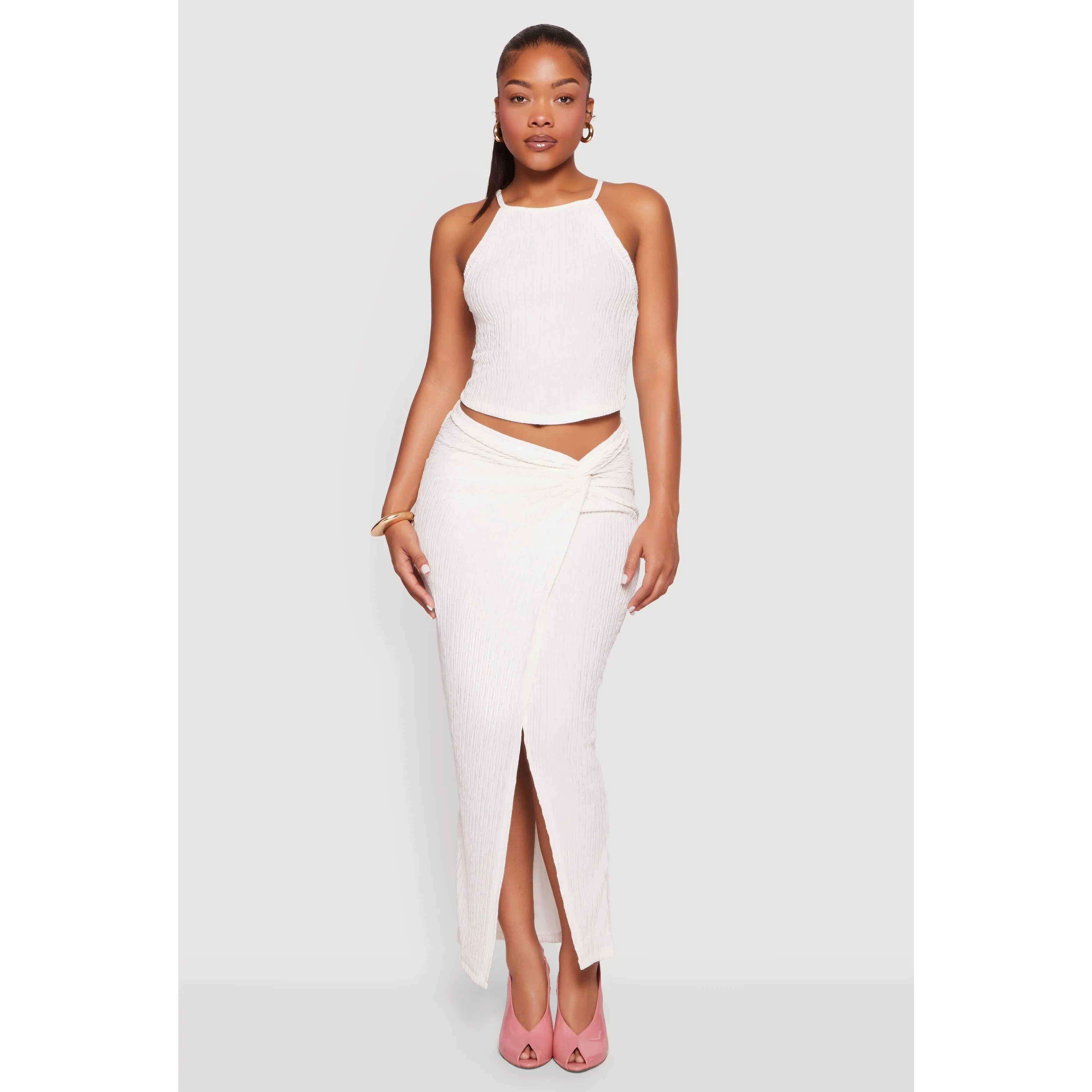 Textured Knit Twist Front Asymmetrical Slit Skirt