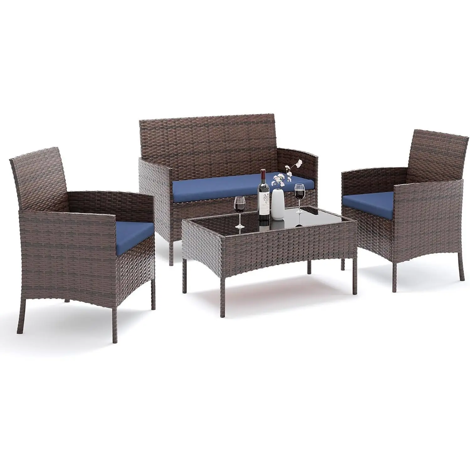 [Labor Day]Amopatio Patio Set 4 Pieces Small Belcony Furniture, Outdoor Wicker Rattan Conversation Set for Family on Backyard, Poolside,Garden/Deck