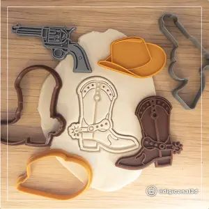 Cowboy Cookie Cutters – Cowboy Boot, Cowboy Hat, Western Accessory – 3 Colorful Fun Designs with Handles great for Fondant, Clay and more